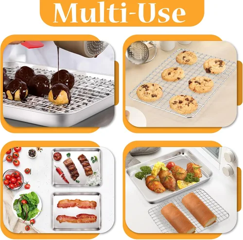 Miniatura 6 de TeamFar - Juego de bandeja para mini horno tostador con estante, 9 x 7 x 1 pulgada de acero inoxidable con rejilla para hornear, asar y enfriar, sin