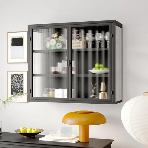 Armario de pared de doble puerta de vidrio brumoso estilo retro con estantes desmontables para oficina, comedor, sala de estar, cocina y baño negro