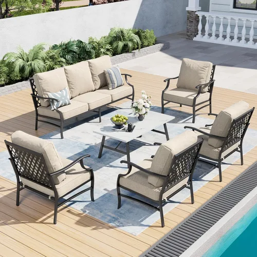 Miniatura 15 de SUNSHINE VALLEY Juego de muebles de patio al aire libre de 7 piezas, moderno juego de conversación de patio exterior con cojín extra grueso de 5.75