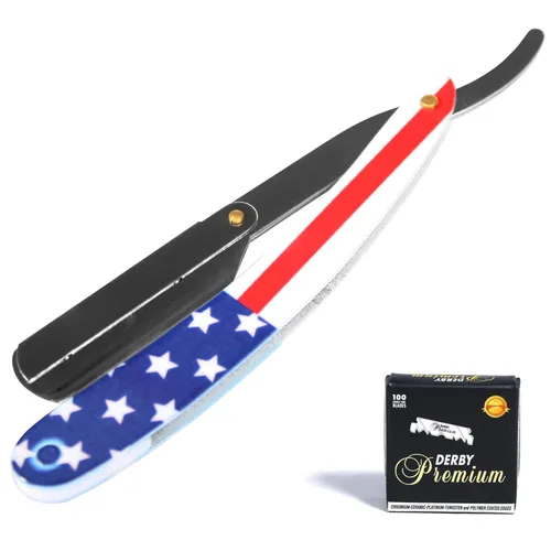Maquinilla de afeitar profesional de borde recto para hombres con paquete de 100 cuchillas Derby reemplazables para barbero (Estados Unidos)