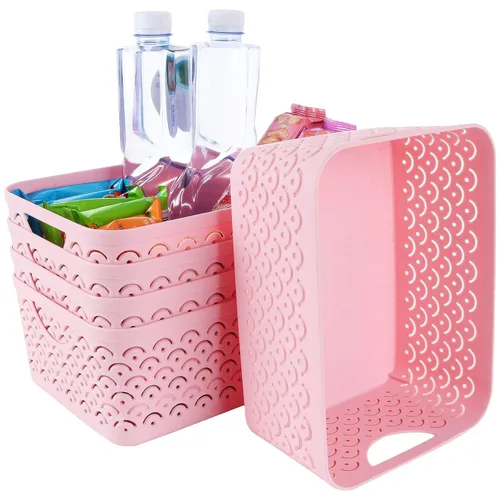STARVAST Paquete de 5 cestas de almacenamiento de plástico, caja de almacenamiento de escritorio hueca portátil con patrón de escamas de pescado Rosa