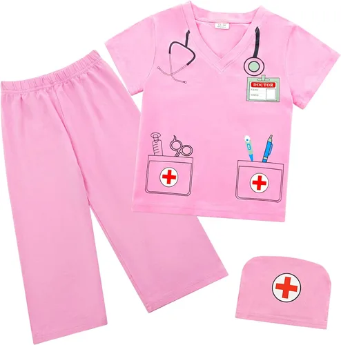 Toddler Boys Girls Halloween Costume, Cosplay Clothes for Kids, Child Doctor Pirate Role Play T-Shirt Pant Set Rosa Doctor manga corta