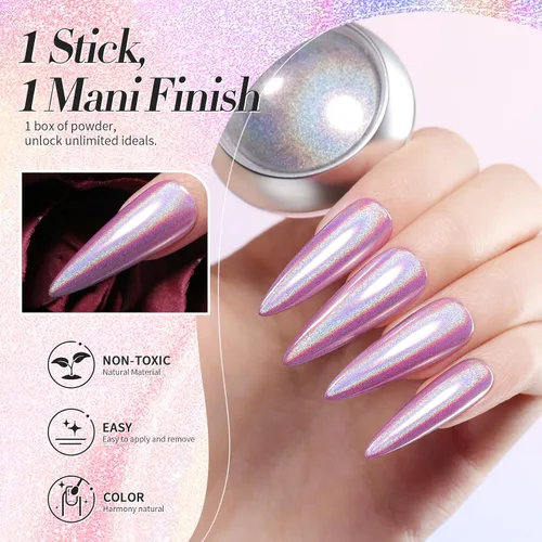 Miniatura 4 de Born Pretty Polvo de Uñas Holográfico Fino Efecto Arco Iris Iridescente Multi Cromo para Manicura en Polvo de Pigmento Holográfico para Salón, Arte