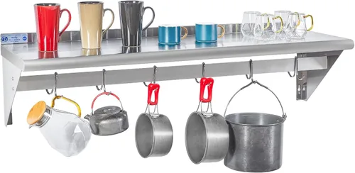 Miniatura 12 de Hally Estante de Acero Inoxidable con 6 Ganchos 12" x 36" Estante para Ollas Montado en Pared, Estantería Flotante Comercial NSF para Almacenamiento
