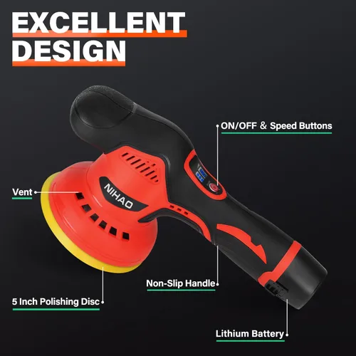 Miniatura 2 de NIHAO - Pulidor de búfer inalámbrico de 5 pulgadas con 2 baterías recargables de 12 V 2000 mAh y 15 accesorios adicionales, 8 velocidades variables