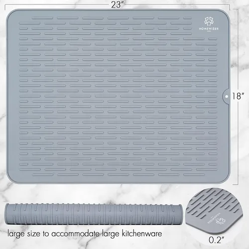 Miniatura 2 de Tapete de silicona para secar platos para encimera de cocina, extragrande, 23 x 18 pulgadas, resistente al calor, diseño antideslizante, secado Gris