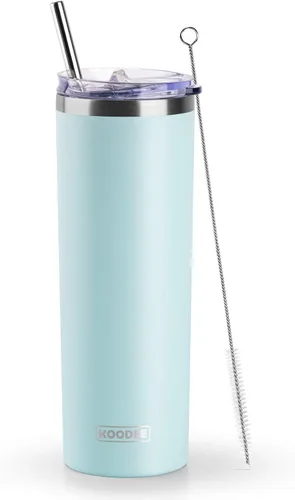 Miniatura 40 de Koodee - Vaso delgado de acero inoxidable de 20 onzas (4 unidades) aislado con doble pared, vaso de agua con 4 tapas, 4 popotes y 2 cepillos