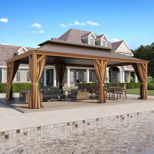 Miniatura 12 de Cenador de techo rígido de 12'x16', Cenador de patio de aluminio para exteriores con toldo de acero galvanizado de doble techo con malla y cortinas