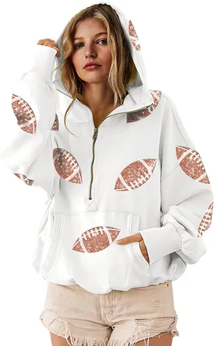 SeekMe Sudaderas con capucha de lentejuelas para mujer, para el día del partido, suéteres de manga larga con cremallera y bolsillo