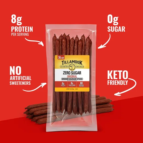 Miniatura 3 de Tillamook Country Smoker - Salchichas ahumadas, sin azúcar, sabor original, 16 onzas (paquete de 36 palitos de carne a granel), salchichas ahumadas