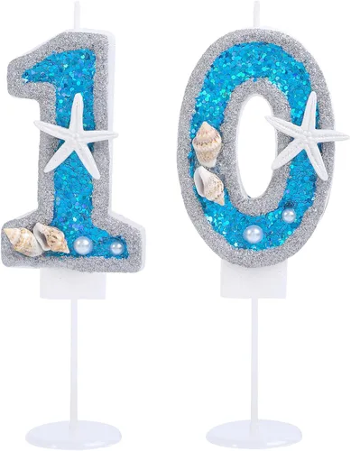 Miniatura 11 de Vela de cumpleaños número 0 3D número 0 para decoración de pastel para niños y niñas, niños pequeños bajo el océano, tema azul mar, fiesta