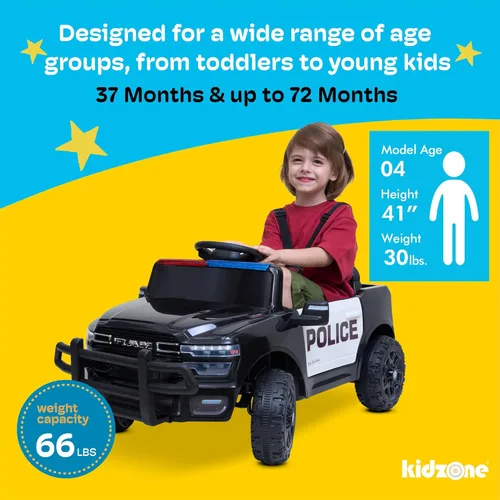 Miniatura 5 de Kidzone Camión de Policía de 12V para Montar, Camión Eléctrico RAM 3500 con Licencia para Niños con Control Remoto, Música Bluetooth, Luces LED