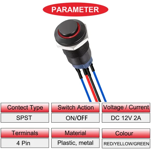 Miniatura 2 de 6Pcs Interruptor de botón de cierre led de 12mm con carcasa negra y pre-cableado, interruptor de botón a prueba de agua IP65, 1NO 1 normalmente, B.