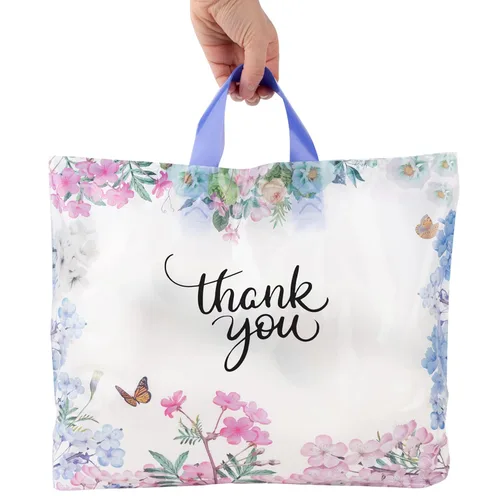Miniatura 6 de Purple Q Crafts Bolsas de agradecimiento con asa de bucle suave para negocios minoristas, paquete de 50 bolsas de plástico floral de 15 pulgadas