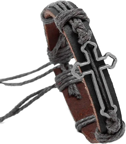 Miniatura 2 de brazalete negro con forma de cruz de cuero genuino para hombre