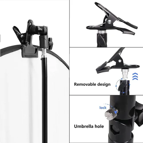 Miniatura 4 de 2 soportes de abrazadera de metal resistente con soporte de luz de 5/8 pulgadas, abrazadera reflectora con orificio para paraguas y montaje