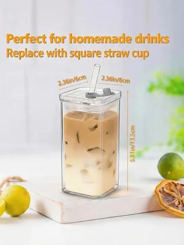 Miniatura 3 de 2 tazas de café cuadradas con tapas y pajitas, vasos de 14 onzas, reutilizables, resistentes al calor, resistentes al calor, para café, leche, jugo