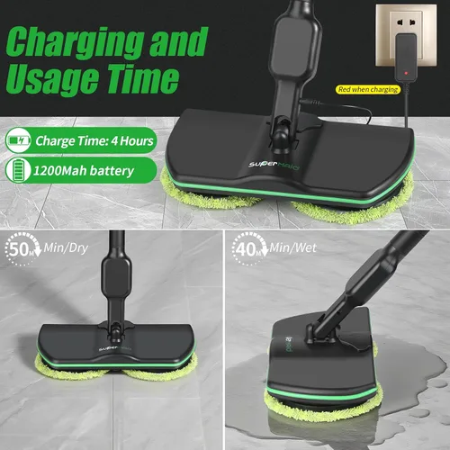 Miniatura 3 de Trapeador eléctrico giratorio, almohadilla de limpieza máxima de 13 pulgadas, trapeador eléctrico inalámbrico, limpiador de piso laminado