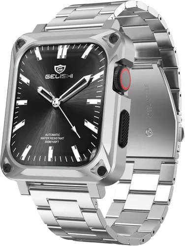Miniatura 9 de Compatible con Apple Watch Band de 1.772 pulgadas Series 9, 8, 7, carcasa de metal resistente para hombres de 1.772 pulgadas con correa de repuesto