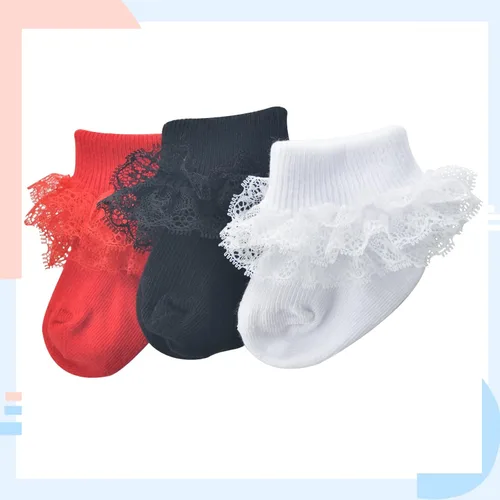 Miniatura 5 de Calcetines para bebé niña con ojales, calcetines de encaje triple con volantes, calcetines con puño retorcido, 2/3/5 pares, calcetines de tobillo