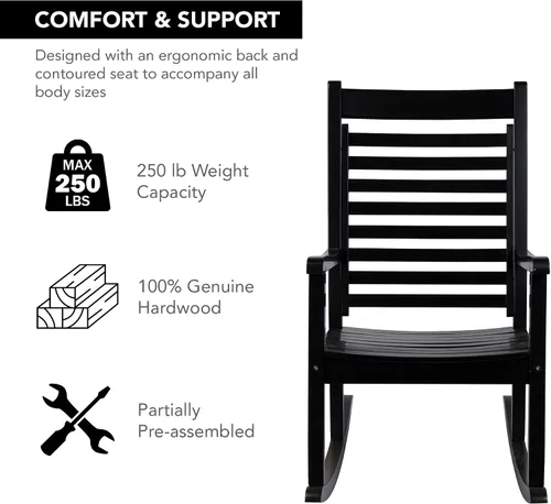 Miniatura 4 de Silla mecedora de madera moderna de Shine Company, balancín de porche ergonómico de asiento ancho, color negro