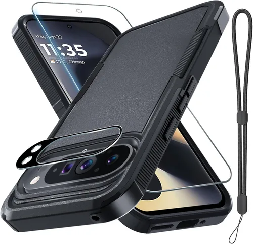 Miniatura 15 de Funda para Google Pixel 10 Pro XL con correa para la muñeca + protector de pantalla de vidrio templado + cubierta para lente de cámara, cuerpo Verde