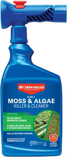 BioAdvanced 2-en-1 asesino de musgo y algas para céspedes, techos, patios, cubiertas, asesino de musgo para techos, limpiador de cubiertas y
