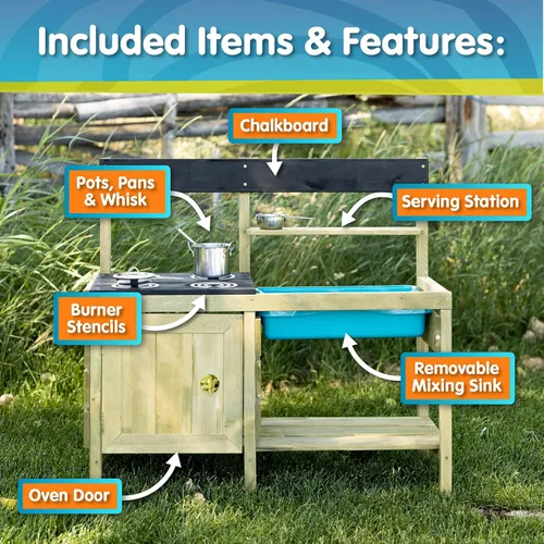 Miniatura 6 de TP Toys Mud Play Kitchen para niños, juguete de madera para interiores y exteriores, juego de cocina para niños pequeños con accesorios, duradero