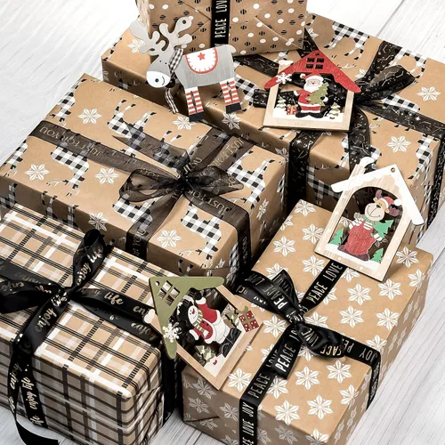 Miniatura 5 de RUSPEPA - Papel para envolver regalos de Navidad, papel kraft – diseños de ciervos, copos de nieve y cuadros – 4 rollos – 30 pulgadas x 10 pies por
