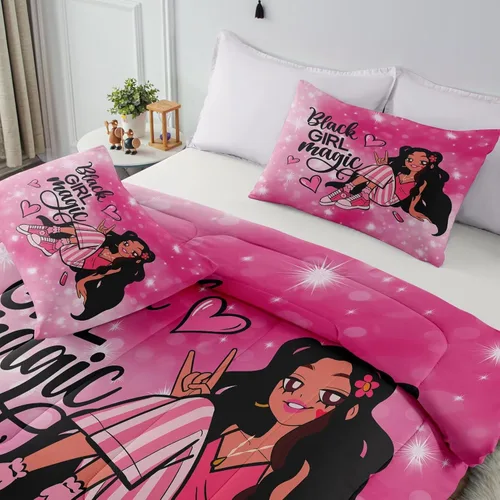 Miniatura 6 de Juego de edredón de niña negra tamaño individual para niños, juegos de ropa de cama mágica de niña negra, juego de edredón de princesa melanina