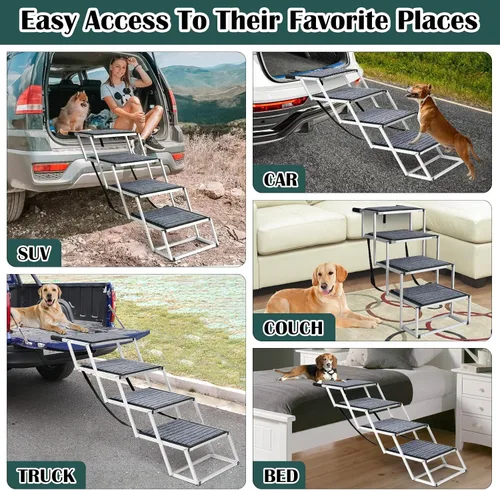 Miniatura 6 de Rampa para perros para automóvil, escalera extra ancha para automóvil para perros grandes, escalones para mascotas de aluminio ligero plegables