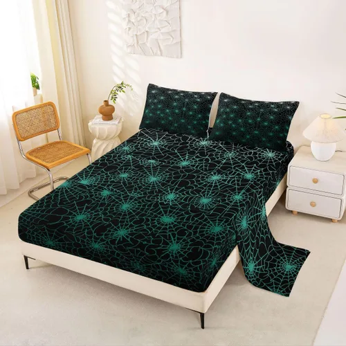 Miniatura 15 de Erosebridal Sábanas de Telaraña Juego de Sábanas Feliz Halloween Juego de Ropa de Cama de Líneas Rayas Geométricas Tamaño King Sábana Plana Amarillo
