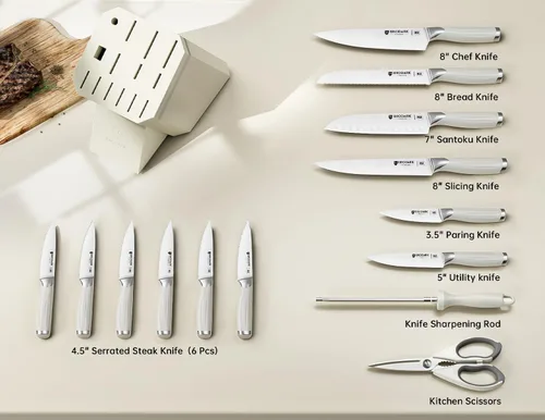 Miniatura 4 de BRODARK Juego de cuchillos de cocina con bloque y afilador – Juego de cuchillos blancos ultra afilados de 15 piezas Full Tang de acero inoxidable