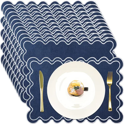 Miniatura 8 de Juego de 12 manteles individuales de lino festoneados de 13 x 19 pulgadas, bordado ondulado, doble capa, lavable, para cena, boda, fiesta