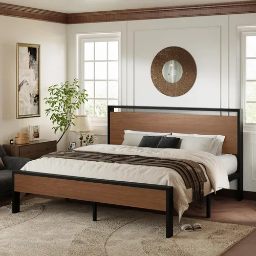 Miniatura 3 de Allewie Base de cama de plataforma tamaño King con cabecera y estribo de madera, soporte de 12 listones de metal resistente, no necesita somier