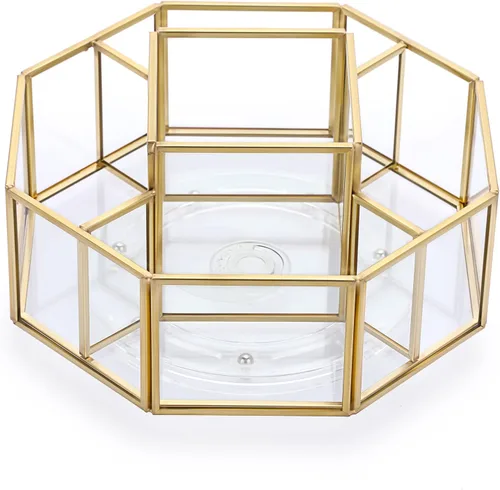 Hipiwe Organizador de maquillaje de vidrio giratorio de 360 grados, 5 ranuras de metal dorado, soporte de exhibición de almacenamiento de cosméticos
