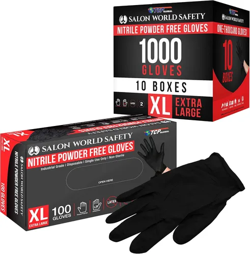 Miniatura 8 de Salon World Safety Guantes desechables de nitrilo negro, caja de 100 unidades, talla XL, 5.0 mil, sin látex, texturizados, aptos para alimentos