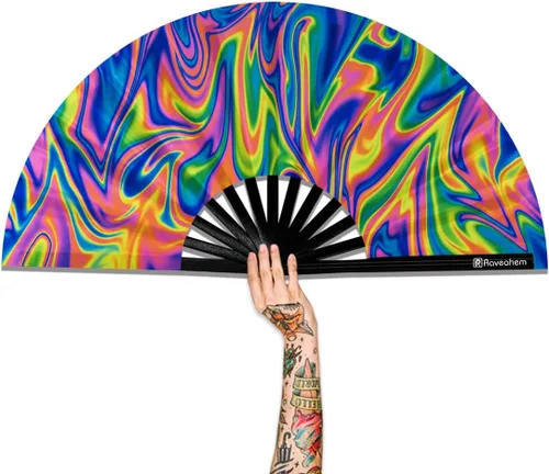 Miniatura 21 de Ventilador plegable grande, ventilador Clack Rave de 13 pulgadas, ventilador de mano para mujeres y hombres con tela de satén de alta calidad, marco