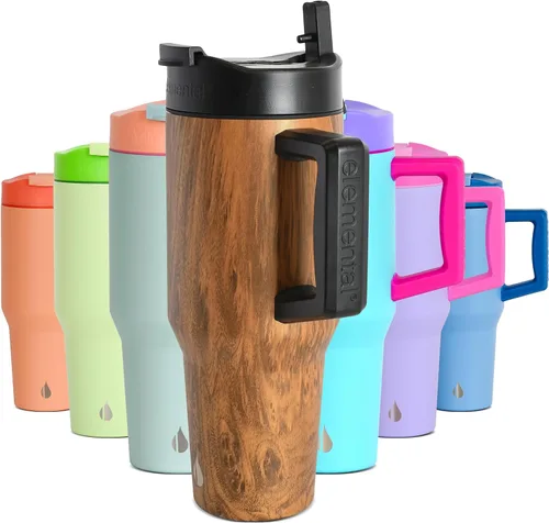 Miniatura 16 de Elemental Vaso de 40 onzas con asa y popote - A prueba de derrames, aislado de acero inoxidable para uso diario - Taza de café de viaje con 2
