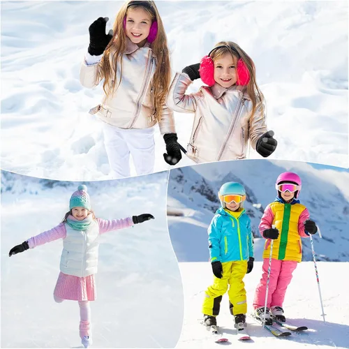 Miniatura 7 de SATINIOR 8 pares de guantes de invierno para niños, forro polar, guantes de punto elástico para pantalla táctil, guantes cálidos para niños, Negro
