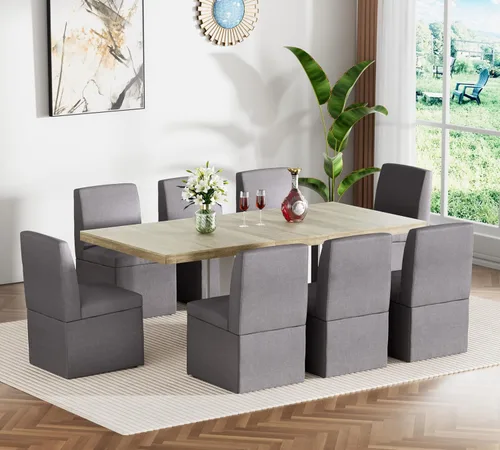 Miniatura 20 de Juego de mesa de comedor extensible para mesa de cocina extensible de 4, 5 piezas y 4 sillas de almacenamiento ocultas de lino tapizadas de madera