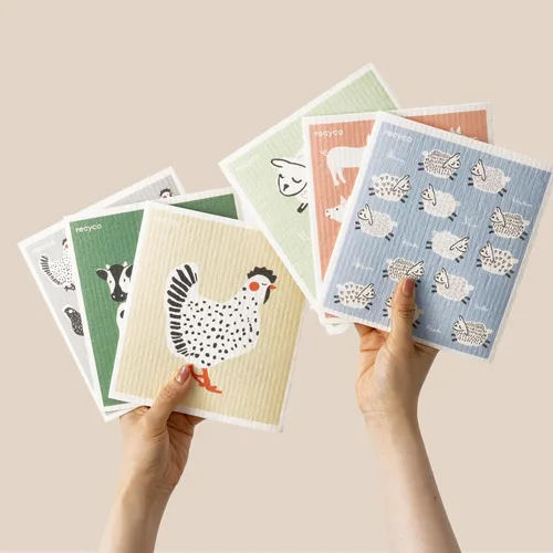 Miniatura 27 de RECYCO Paños suecos para cocina Paquete de 5 trapos geométricos lavables Toallas de papel de limpieza reutilizables de celulosa Paño