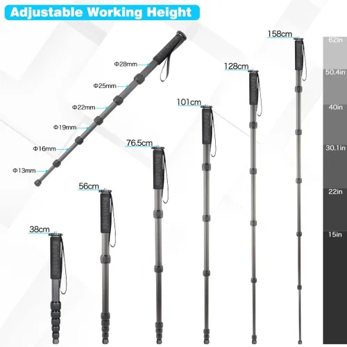 Miniatura 3 de Koolehaoda Monopod profesional de fibra de carbono, 6 secciones portátil compacto cámara de viaje monopod Unipod Stick para Canon Nikon Sony DSLR