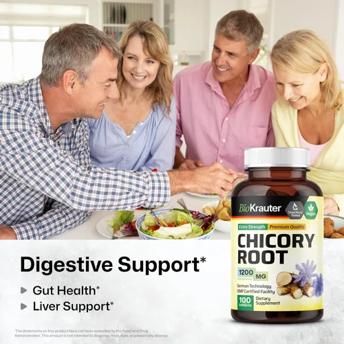 Miniatura 2 de BIO KRAUTER® Raíz de achicoria para apoyo intestinal y digestivo, prebióticos veganos puros y suplemento de fibra en cápsulas de 1200 mg por