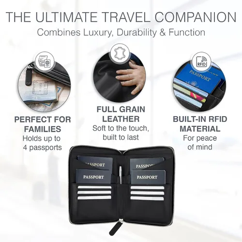Miniatura 2 de Soporte para pasaporte familiar de cuero de grano completo para 4 pasaportes - Soporte RFID para pasaporte y organizador de documentos de viaje