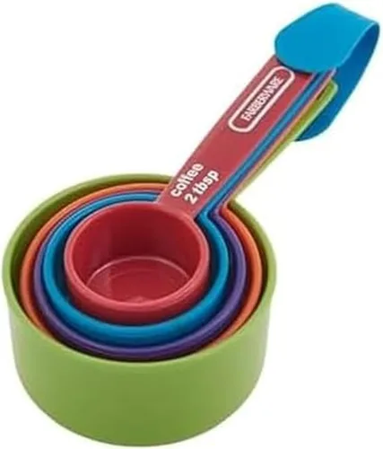 FARBERWARE Juego de tazas medidoras de 5 piezas con cuchara de café, tazas medidoras de plástico duradero con marcas de fácil lectura, sin BPA, apto