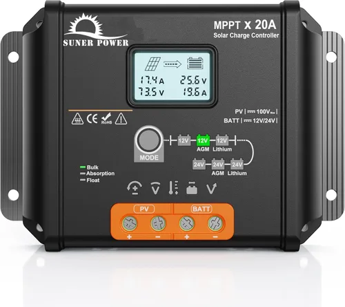 Miniatura 8 de SUNER POWER Controlador de Carga Solar MPPT de 10 Amperios 12V, Pantalla LCD + Estado de Carga, Regulador de Panel Solar 10A con Sensor