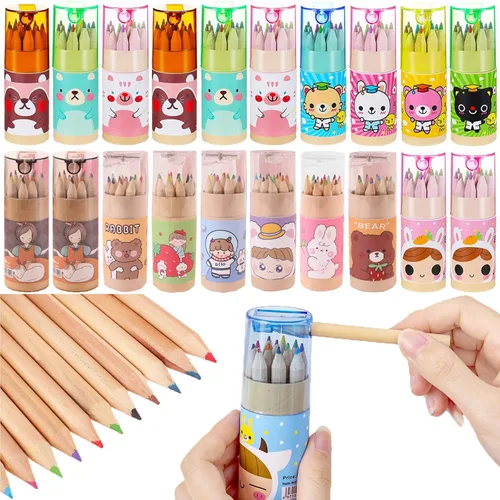Tergy - 20 paquetes de lápices de colores mini con sacapuntas en tubo, lápices de dibujo portátiles de arte de dibujos animados para niños de 3 años