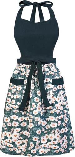 Miniatura 16 de Bonitos delantales florales para mujer con bolsillos, delantal de algodón ajustable con correa para el cuello para cocina, cocina, hornear