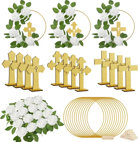 Miniatura 13 de Wesiti 48 piezas Centro de mesa para bautizo, decoración de mesa para primera comunión, 12 cruces de madera, 12 aros florales con soporte, 24 rosas
